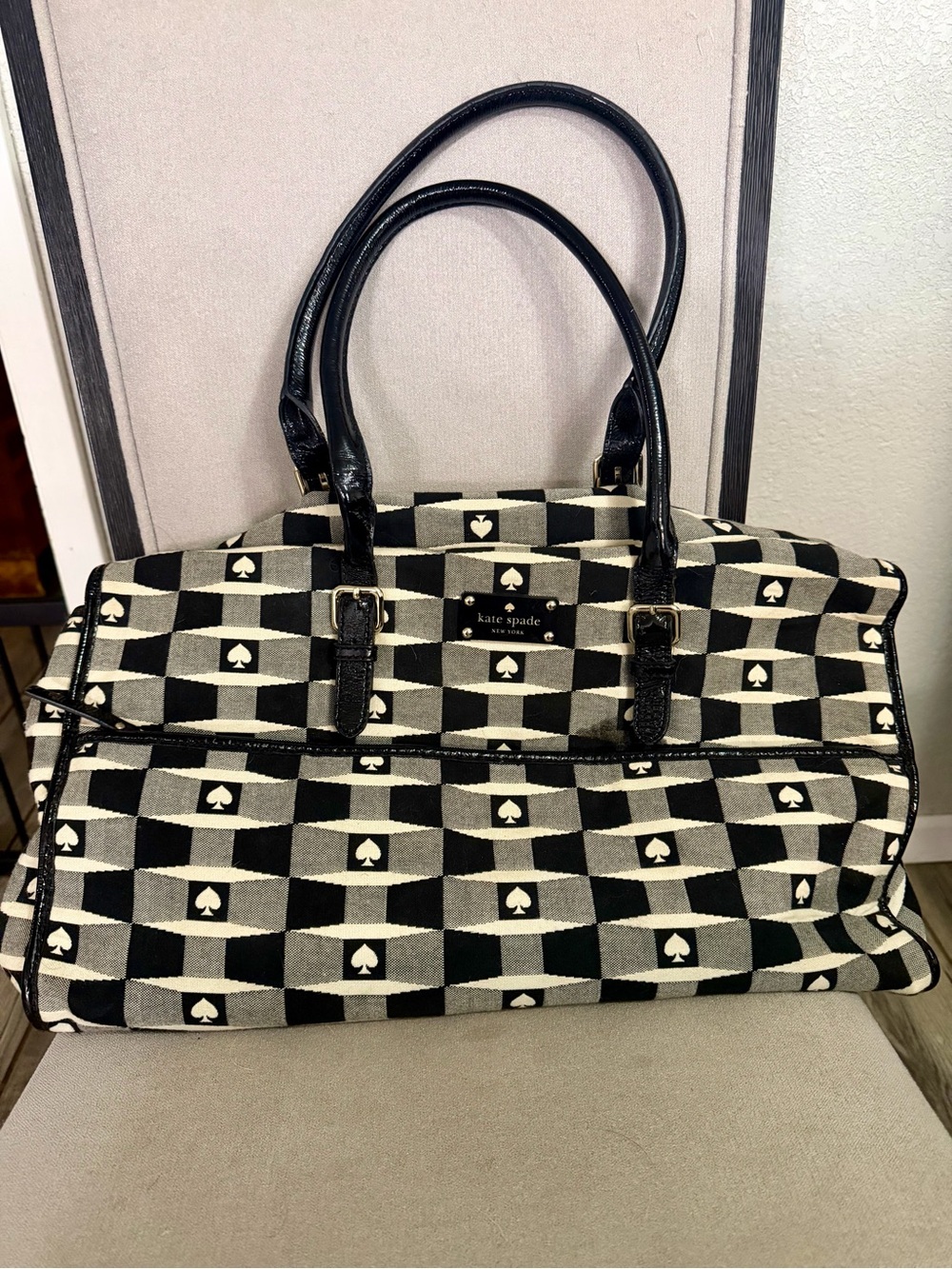 kate spade Black and Cream Checkerboard Weekender Tote with Spade Motif
